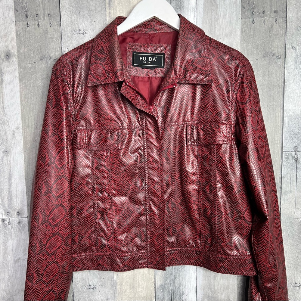 FUDA SPORT Burgundy Faux Snakeskin Polyurethane Moto Jacket Size Large